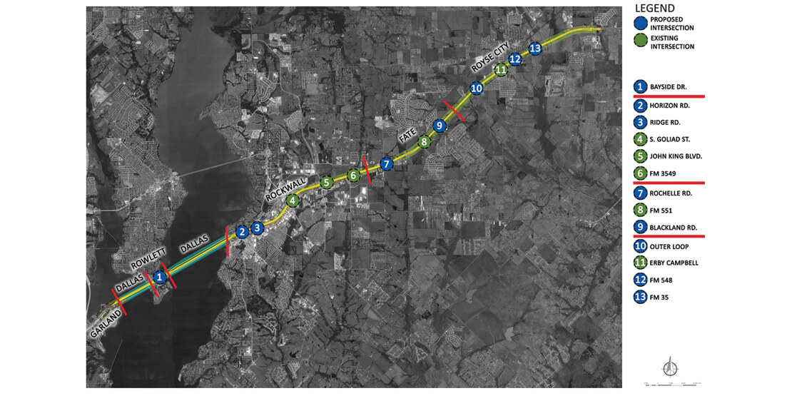 A grey map highlighting IH 30 County exits