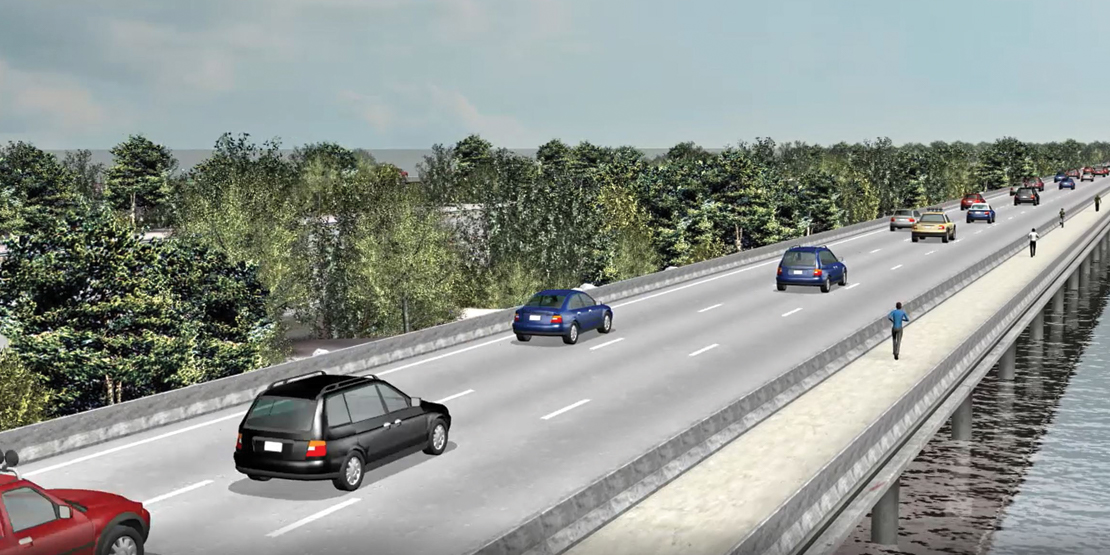 A 3D model showing IH 30 going over water with a sidewalk for pedestrians to walk or run on