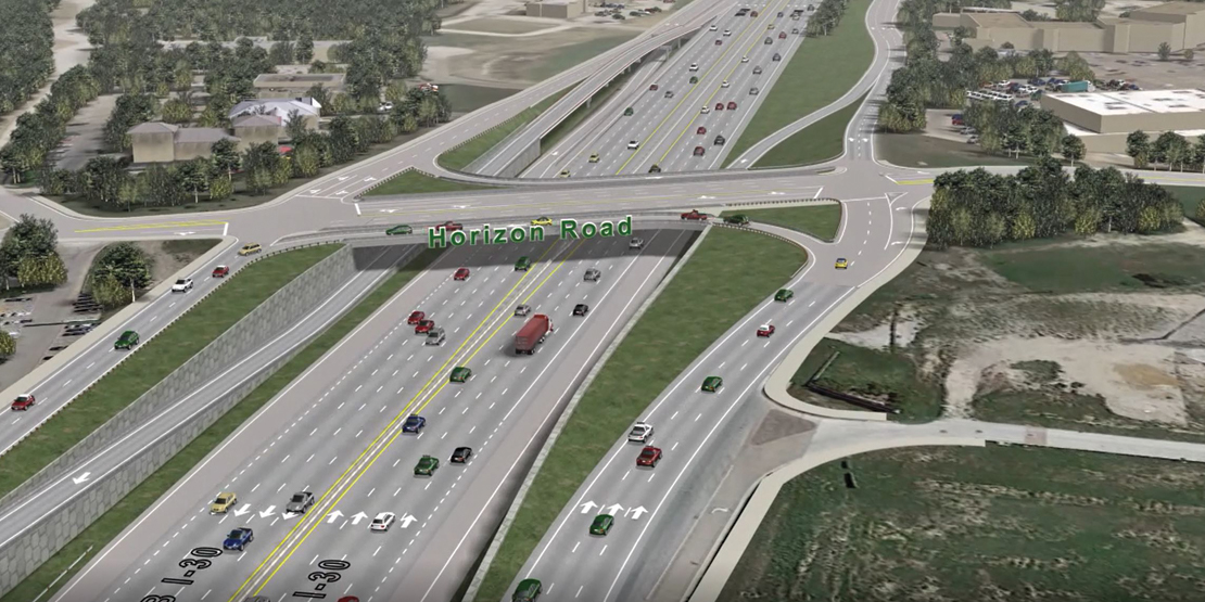 A 3D model showing Horizon Road's bridge over IH 30 designed by BGE, Inc.