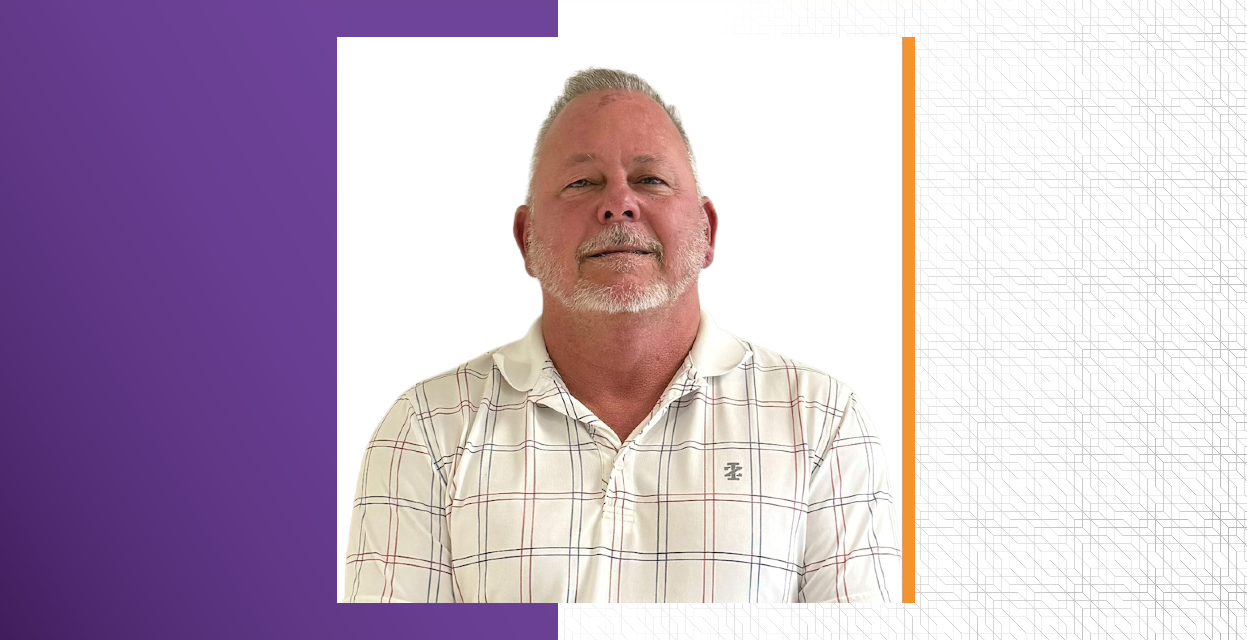 Kenny Porter wears a white, plaid, collared shirt. The background is split with purple and white sections and an orange vertical line.