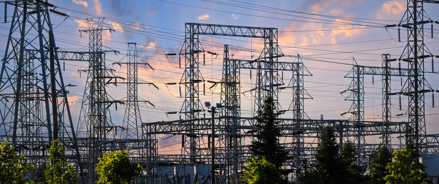 Multiple metal electricity pylons and power lines intersect against a sunset sky, embodying the essence of Power Control, with some trees visible in the foreground.