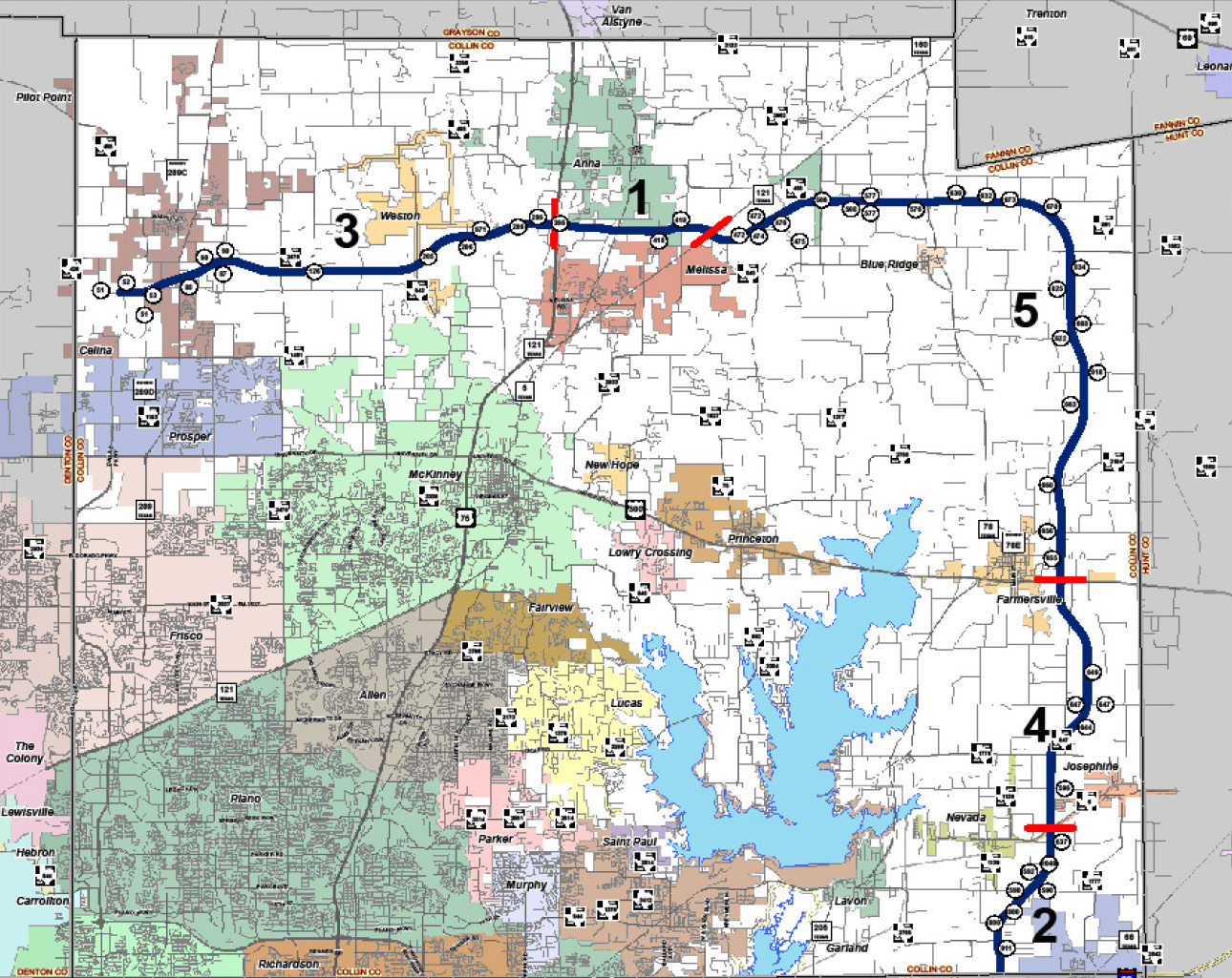 Map showing a blue numbered rail route passing through several cities—including the Pearson Ranch area—with colored regions, highways, lakes, and major stops marked by red bars and circles from north to southeast.