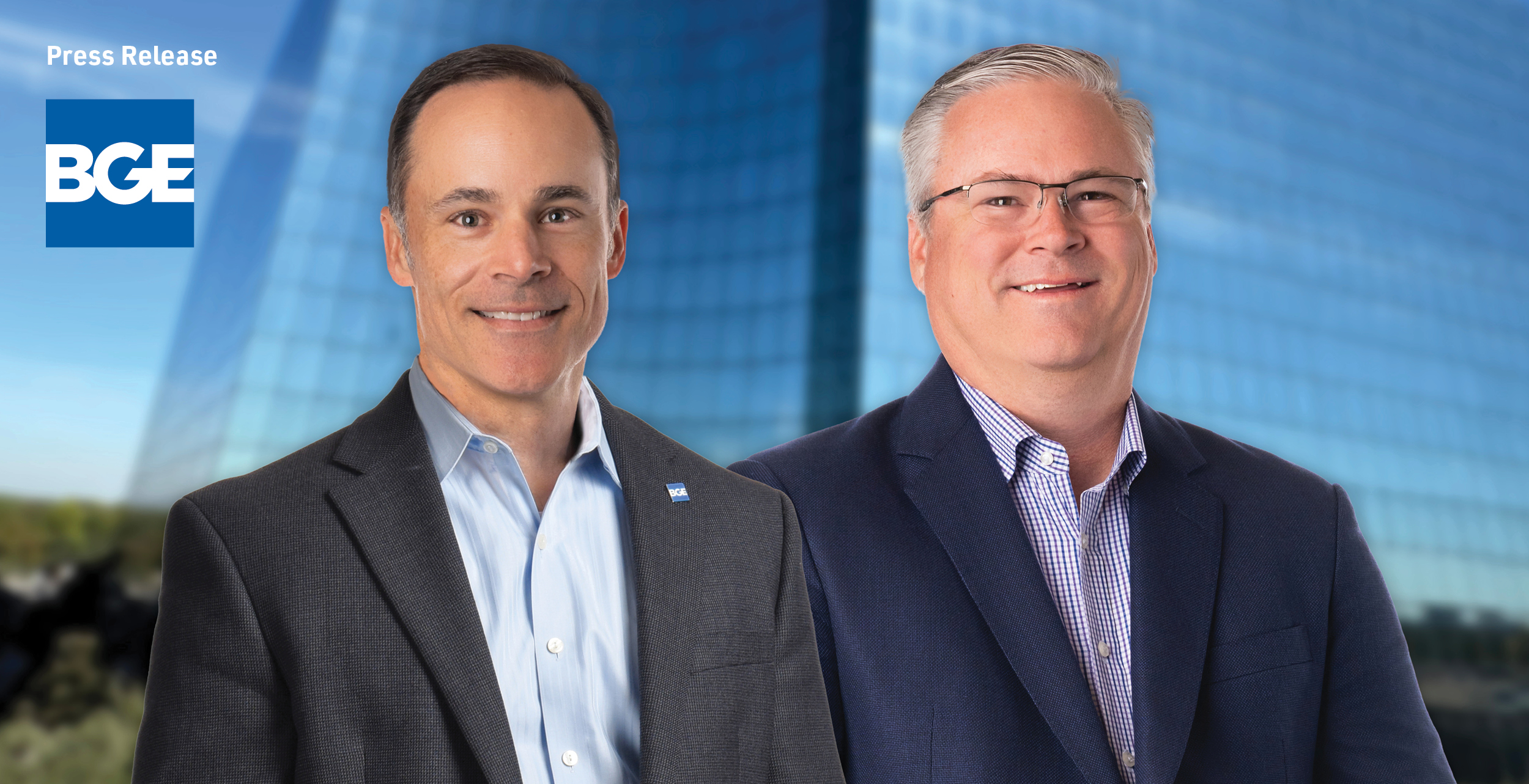 Two men, identified as Chris and Jeff, in business attire stand in front of a glass office building. The BGE logo and the words “Press Release” appear in the upper left corner of the image.