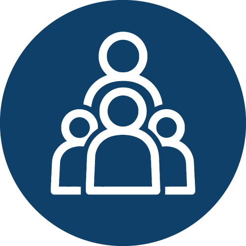 White icon of four abstract people figures arranged in a triangle, on a dark blue circular background, representing collaboration within data centers.