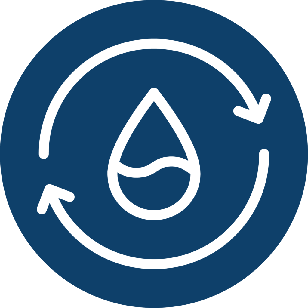 A water droplet with wavy lines inside is surrounded by two curved arrows, all in white on a dark blue circular background, representing the water cycle or water recycling—an essential process for sustainable Data Centers.
