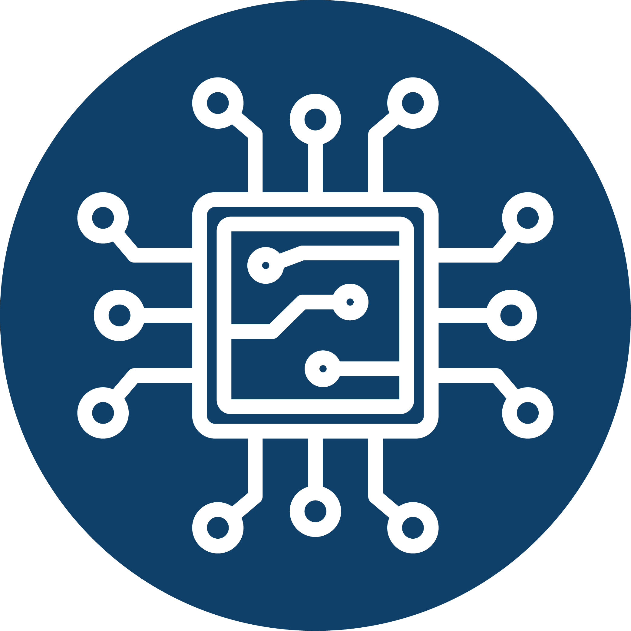 White computer chip icon with circuit lines on a dark blue circular background, representing technology, electronics, or Data Centers.