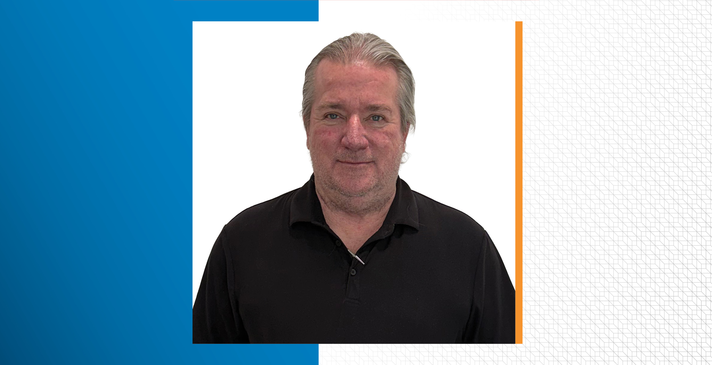 Bryan Eaves, a man with gray hair wearing a black polo shirt, stands against a plain white background, framed by graphic blue and orange rectangles on the left and right sides.