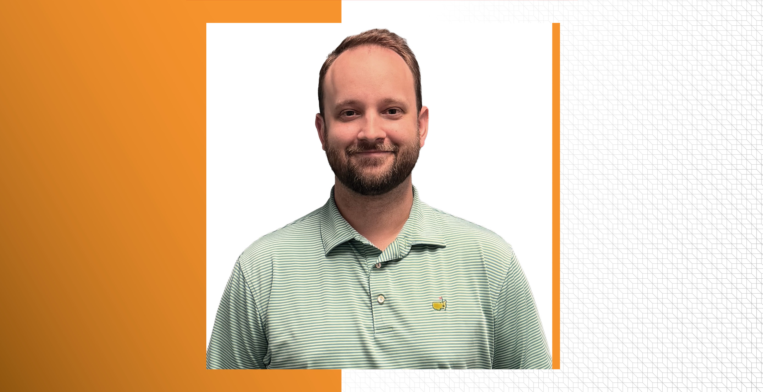 A man with a beard, wearing a light green striped polo shirt, stands in front of a white background with orange and patterned accents; he is identified as Aaron Studdard