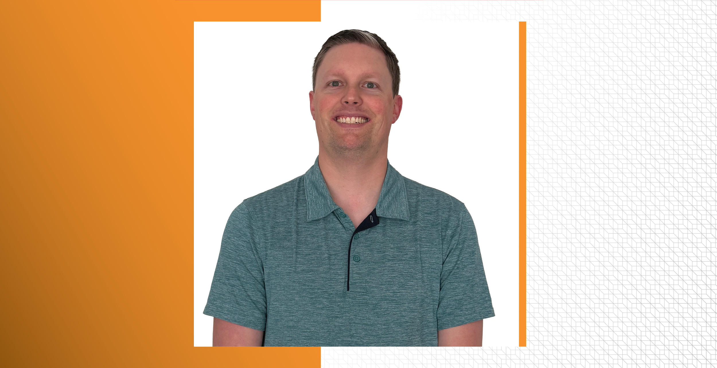 Seth Swaringen, in a teal polo shirt stands against a white background with orange geometric accents on the left and top edges.