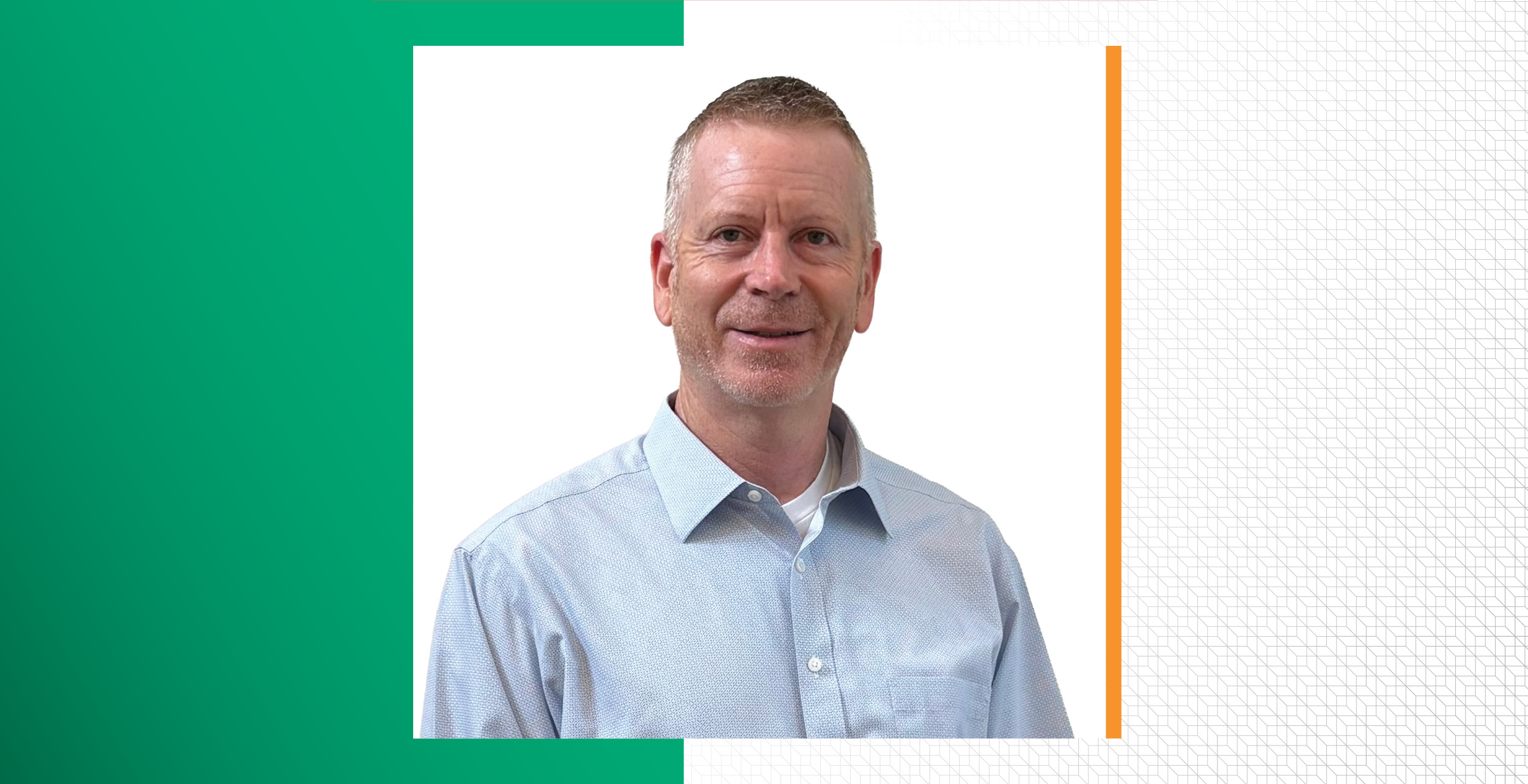 Chad Bohne wearing a light blue button-up shirt stands in front of a white background, bordered by green and orange graphic elements.