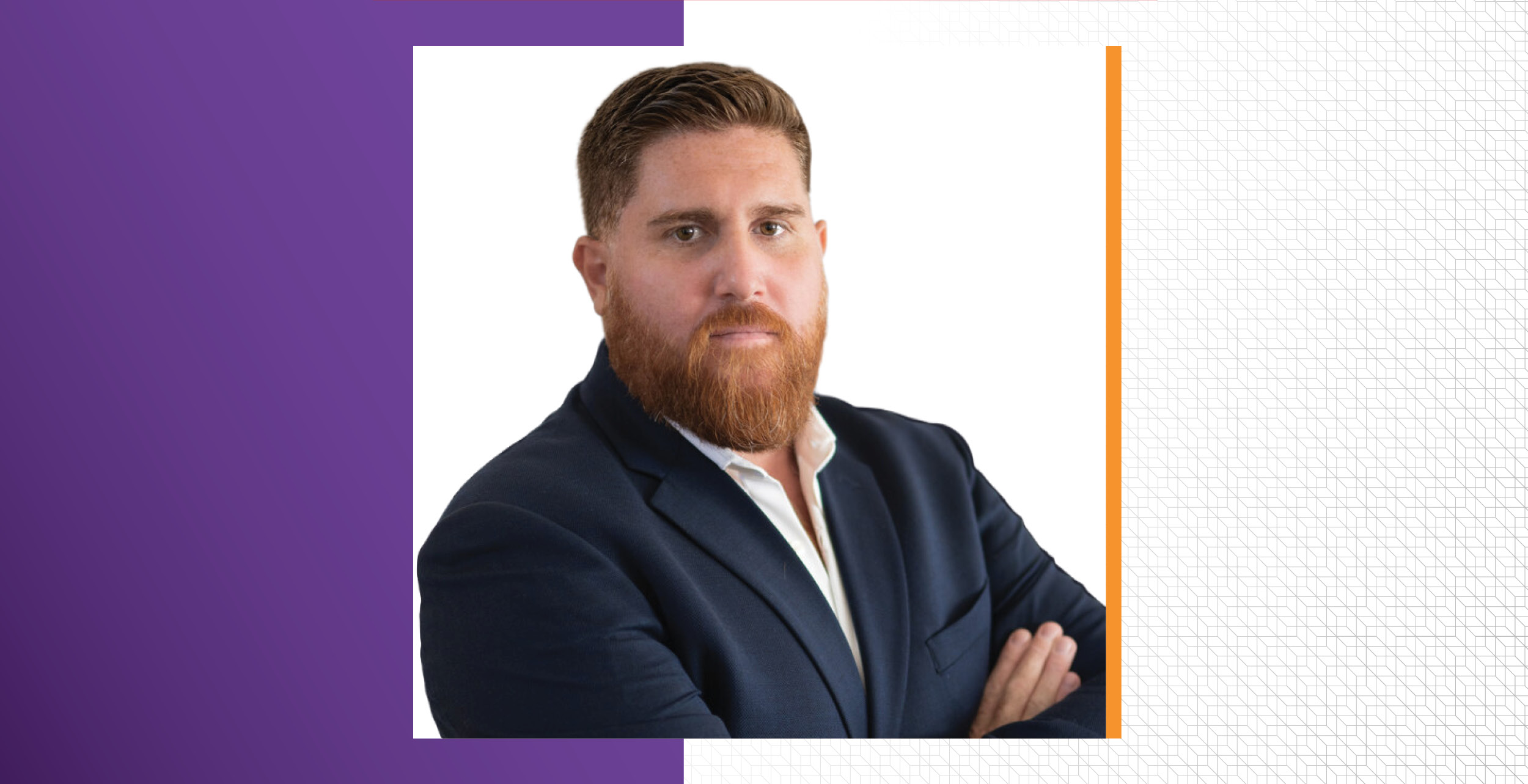 A man with short red hair and a beard, identified as Paul Rosales wears a dark suit jacket and white shirt, standing with arms crossed against a white background bordered by purple and orange lines.