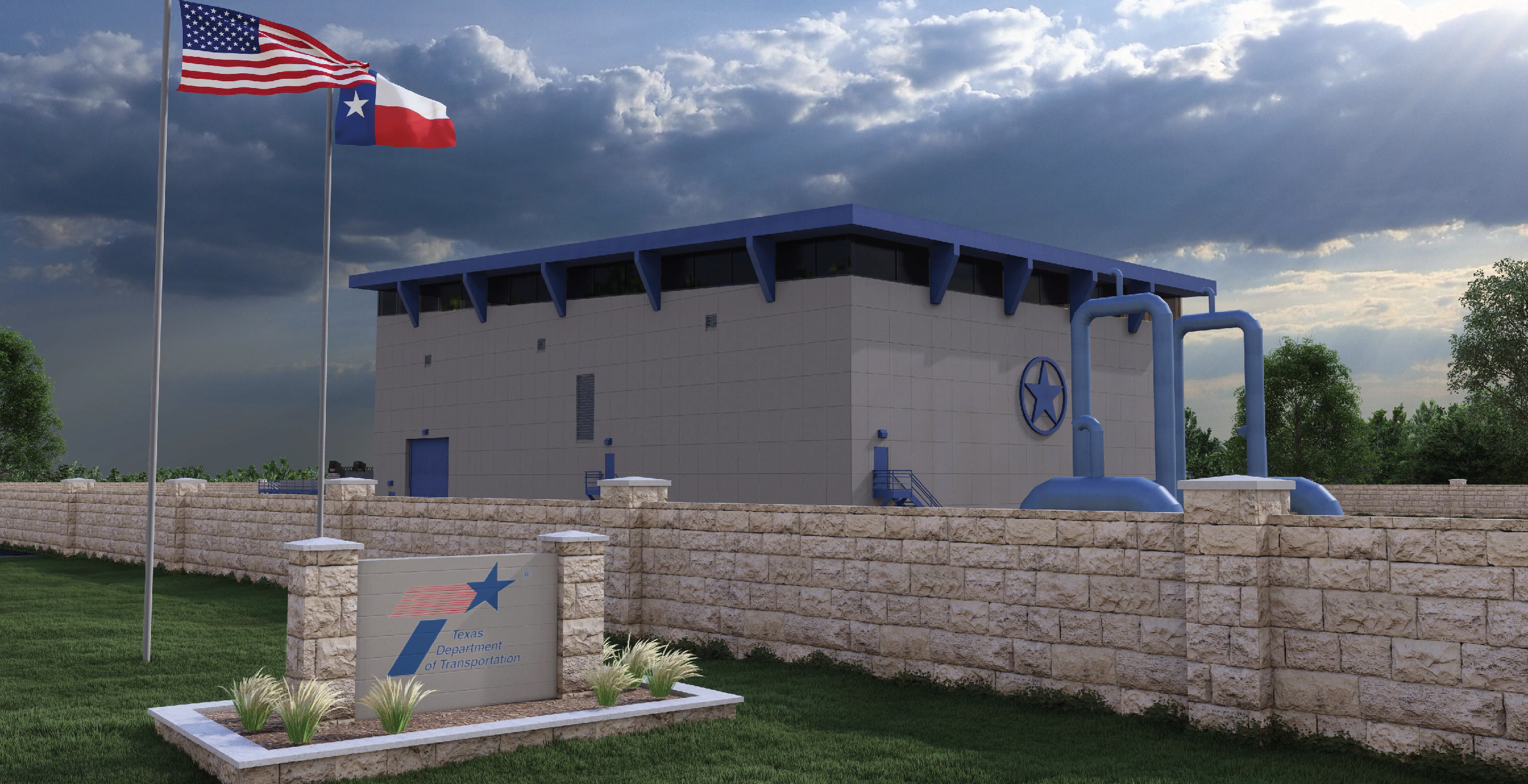 3D rendering of the proposed TxDOT US 183 pump station facility.
