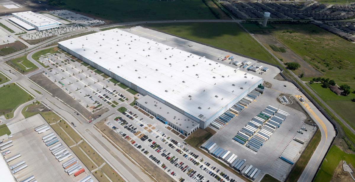 Aerial view of the Amazon industrial building in the Forney, Texas area.