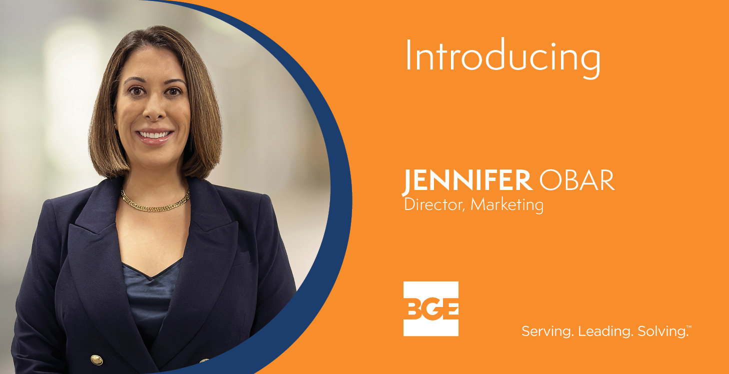 Welcome graphic announcing Jennifer Obar who joined BGE, Inc. as director of marketing