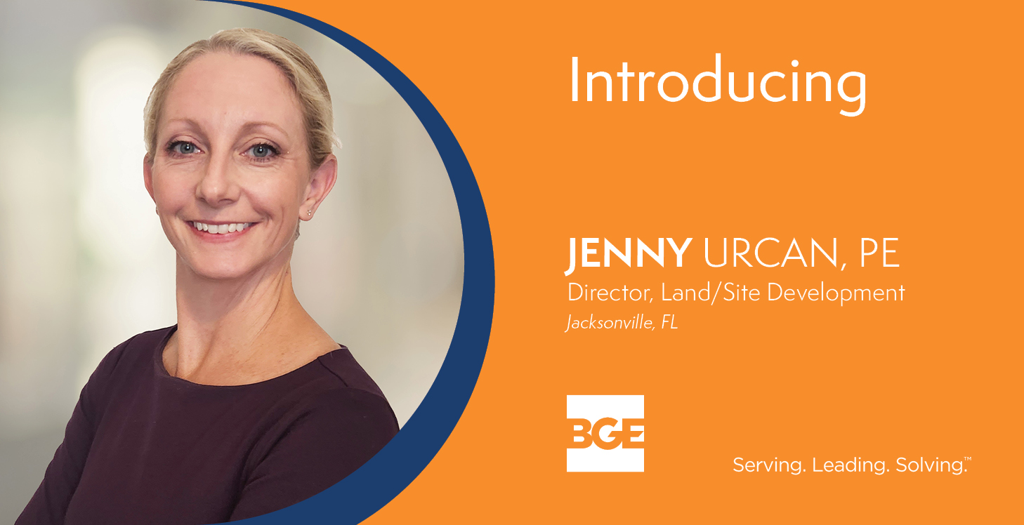Welcome graphic announcing Jenny Urcan who joined BGE, Inc. as Director of Land/Site Development